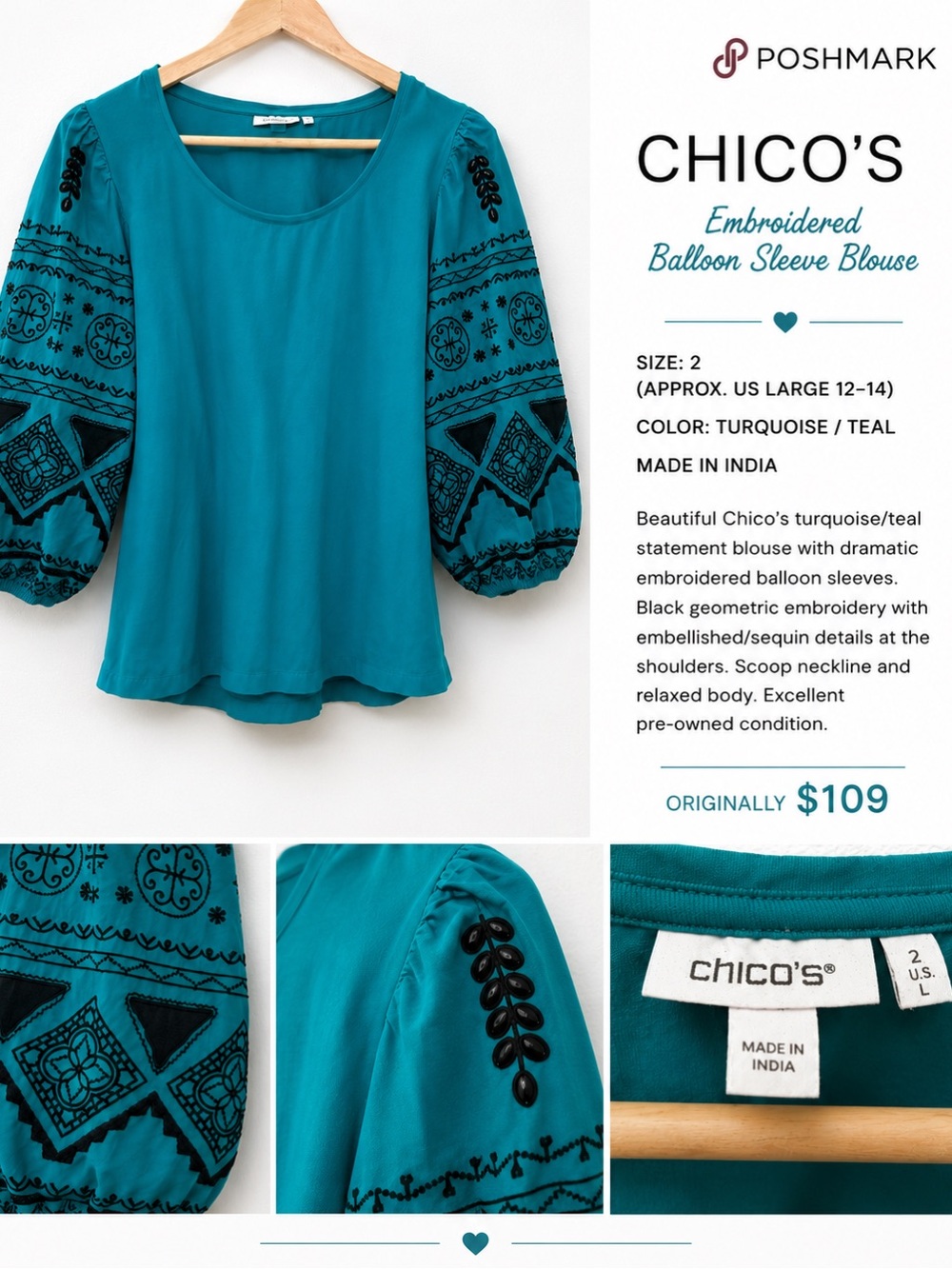 Chico's size 2 Turquoise Teal Embroidered Balloon Sleeve Blouse (L)